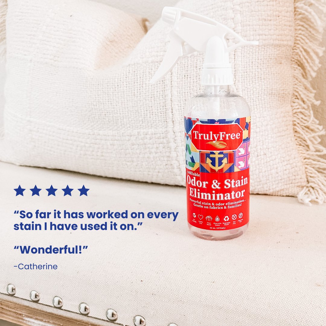 TrulyFreeHome's tweet image. ⚾️💨 Think your Odor &amp;amp; Stain Eliminator is just for pet accidents? Think again! It's a savior for stinky gym clothes 🏋️‍♀️, your son's hard-played baseball uniform ⚾, and those well-worn soccer cleats ⚽! #TrulyFree #RefillableCleaners #NonToxic #FamilySafe #TameMeses #Refillable