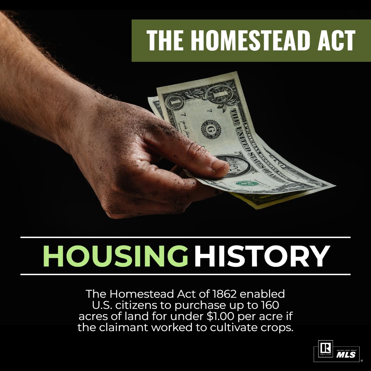 Happy Sunday! 🌞😎

Did you know this History fact?

In 1862 the Homestead Act allowed many to buy land to cultivate. 

This legislation offered 160 acres of public land encouraging people to settle, cultivate, and build a home. 

#Housing  #HomesteadAct