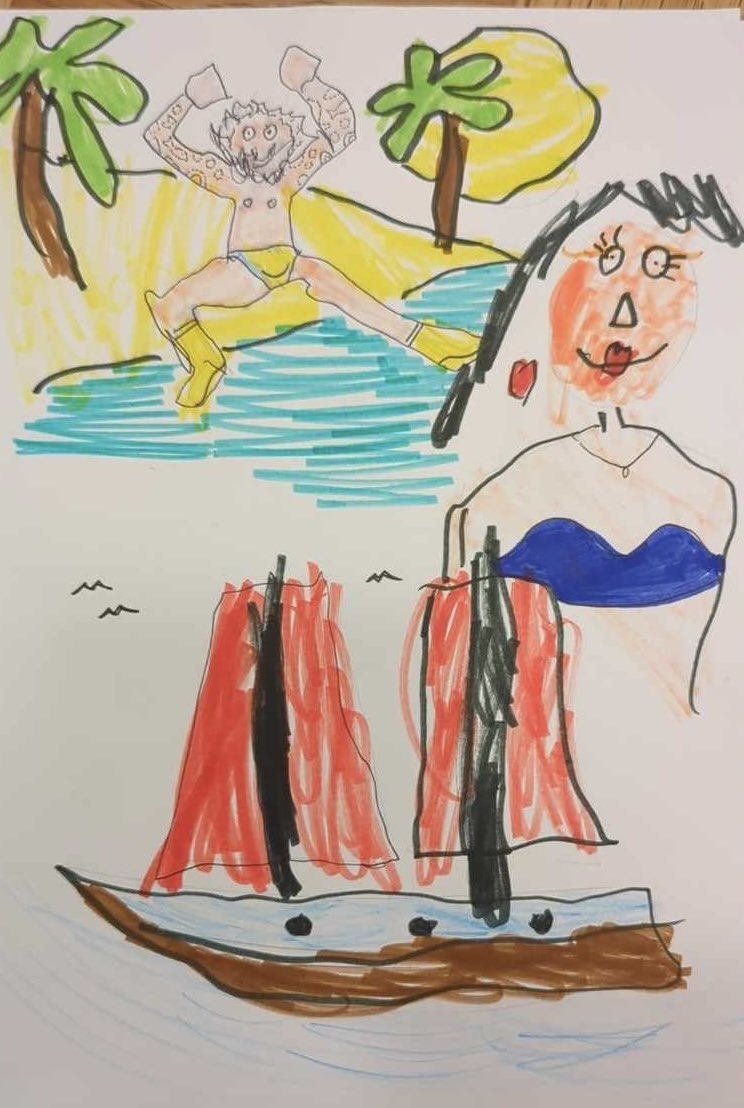 From my nephew’s kids
“Andy &amp; Julie sailed the world from end to end on their very own homemade pirate ship.
They both were smart in different ways but most of all they were silly, strange and brave.
They followed the horizon and their dreams and were the very best of teams.”