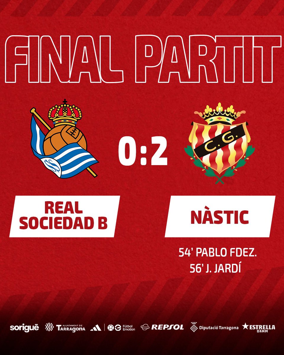 NASTICTARRAGONA's tweet photo. FINAAAAL‼️

Aquest EQUIP s’ho deixa TOT!
Nou ➕3️⃣ a domicili‼️

⚽️ @pablo17fer @jaumejardi70 

|0-2| #nasticlive
#RealSociedadBNàstic https://t.co/Wtyee981c8