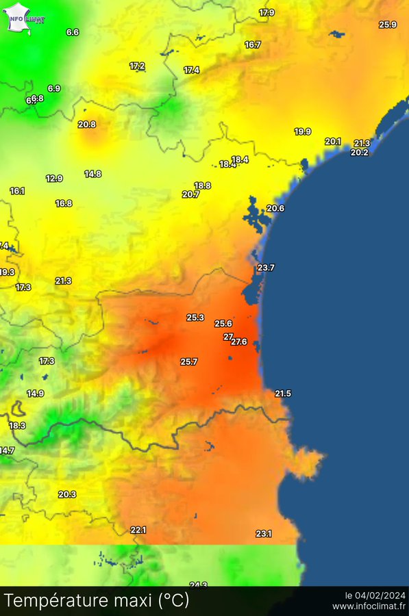 France 🇫🇷 - #PyreneesOrientales 

🔸Il a fait jusqu'à 27.6 °C aujourd'hui dans le 66.

Un 4 février. 

Ce n'est pas pour vous embêter que l'on relève cela mais pour attirer l'attention d'un maximum de personnes. Le délire de ces températures cet hiver doivent nous faire