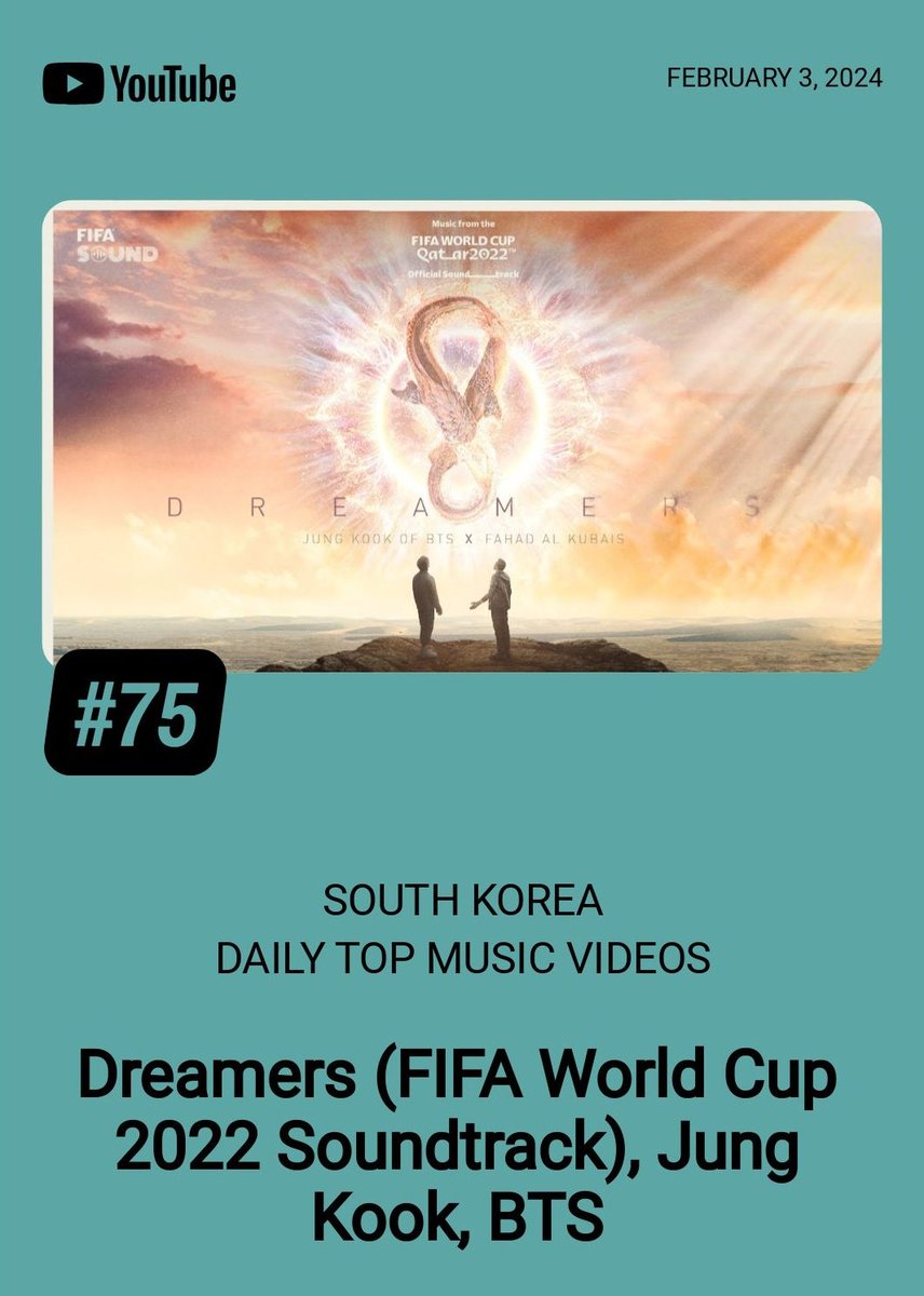 🇰🇷 Jung Kook’s 'Dreamers' MV debuts at #75 on YouTube South Korea Daily Top Music Videos Chart!

▶ youtu.be/IwzkfMmNMpM

#BTS #방탄소년단 #JUNGKOOK #정국
#Dreamers2022