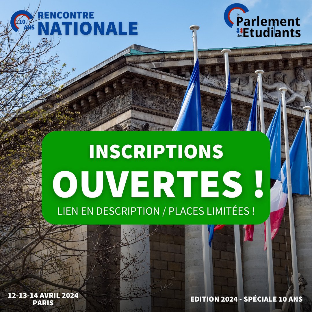 🔵🔴 Inscrivez-vous dès à présent pour notre Rencontre Nationale des Parlements Étudiants, du 12 au 14 avril à Paris ! 

Lien d'inscription en bio !