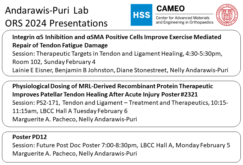 Be sure to check out <a href="/EisnerLainie/">Lainie Eisner</a> and <a href="/MaggiePacheco2/">@MaggiePacheco2</a> presenting today, tomorrow, and Tuesday at <a href="/ORSsociety/">Orthopaedic Research Society</a>  2024!