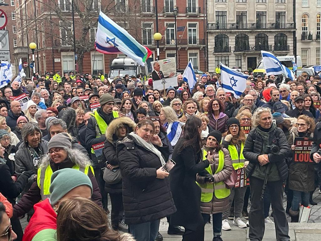 “BBC your silence is loud.” Mass demonstrators this afternoon outside the BBC in London, demanding release of hostages by genocidal Hamas terrorists.