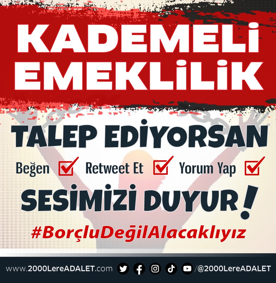 Kademeli Emeklilik talep ediyorsan
BEĞEN ☑️
RETWEET ET ☑️
YORUM YAP ☑️
Sesimizi duyur!

Hakkımız olan kademeli emekliliği alana kadar haykırmaya devam edeceğiz! Çünkü #BorçluDeğilAlacaklıyız