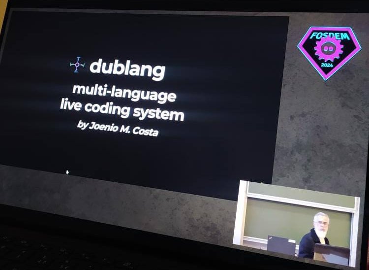 It was so nice to present the lighting talk "dublang introduction" today at FOSDEM Open Media room. 

fosdem schedule:
fosdem.org/2024/schedule/…

slides:
joenio.me/dublang-5min-i…

dublang website:
dublang.4two.art

<a href="/fosdem/">FOSDEM @fosdem@fosstodon.org</a> #fosdem2024