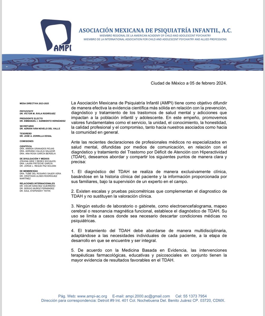 AMPI_AC's tweet photo. La Asociación Mexicana de Psiquiatría Infantil hace de su conocimiento la siguiente información dirigida a socios, pacientes, familiares y publico en general. #TDAH #SaludMentalparatodos https://t.co/18LA8C5Wq7