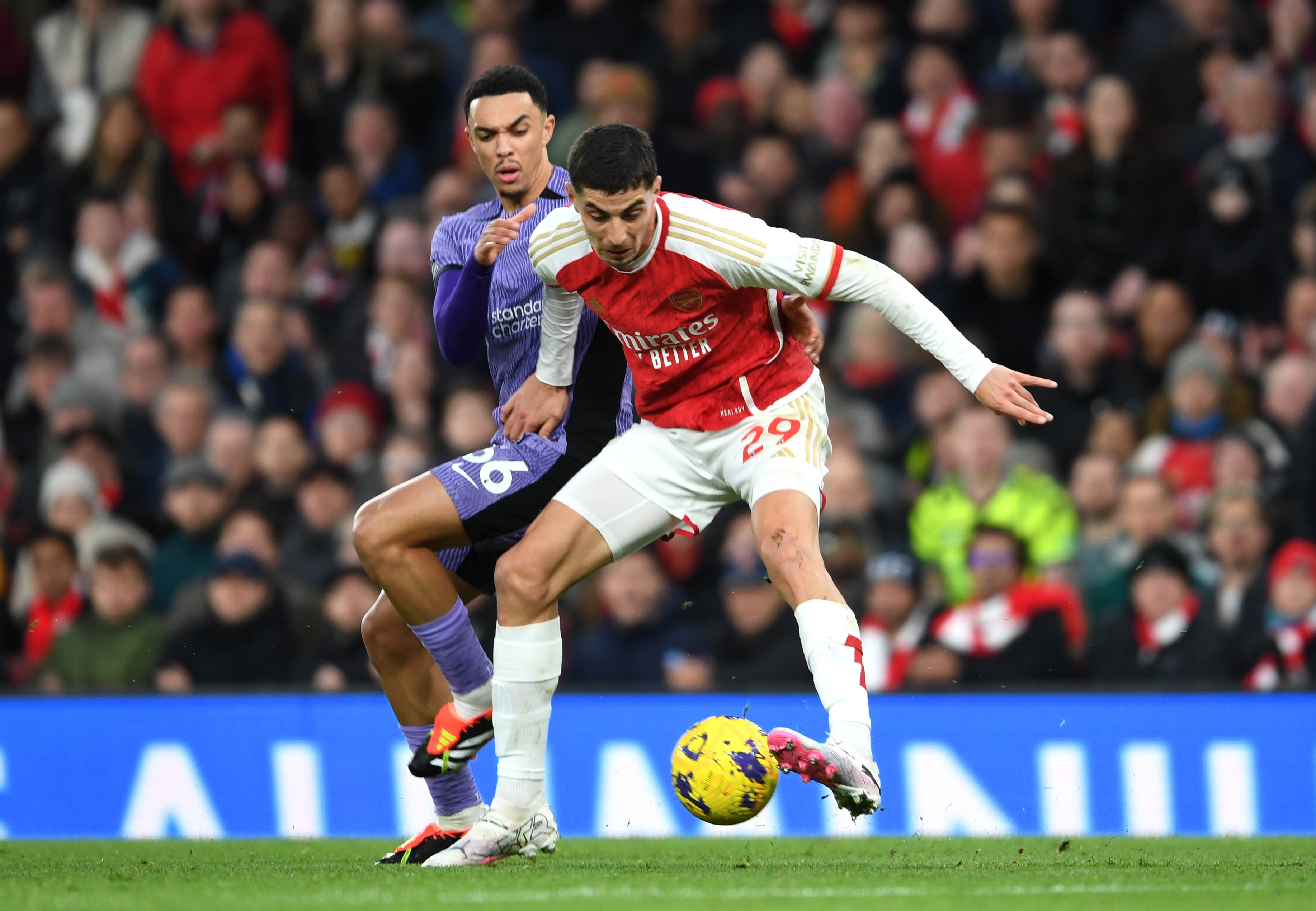 Kai Havertz shields the ball from Trent Alexander-Arnold.