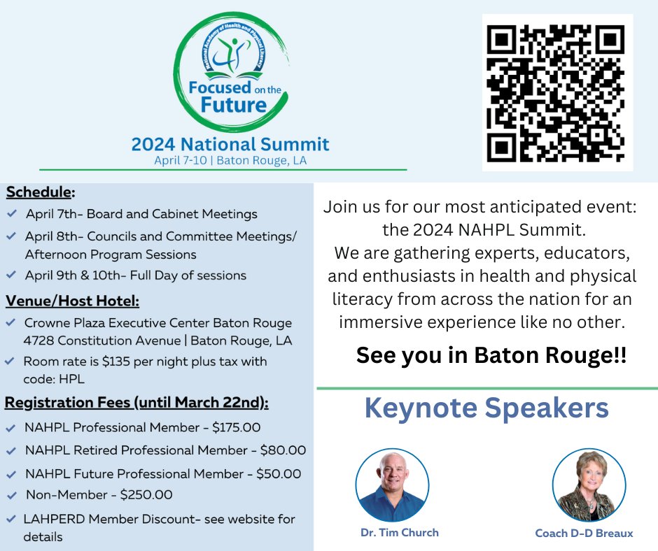 The  C O U N T D O W N  is ON!!
Register by March 22nd for early registration discounts!!
nahpl.org
#PhysEd #HealthEd #PhysicalLiteracy #HealthLiteracy