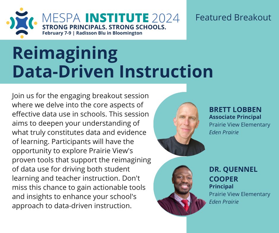 Just a few more days until #MESPAInstitute2024!

Come join me & @Quennel_Cooper  as we share strategies we’ve been exploring in our work to reimagine data use at PV. 

Reimagining Data-Driven Instruction
Thursday, February 8 at 3:45.
Room Minnetonka C.
@MESPAprincipals #MESPA2024