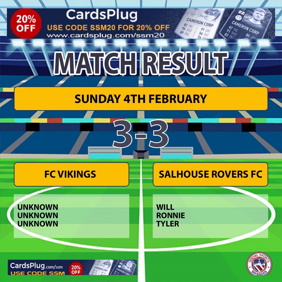 FT’<a href="/VikingValkyries/">FC Viking & Valkyries 🏴󠁧󠁢󠁥󠁮󠁧󠁿</a> 3 - 3 Salhouse Rovers FC

After going two goals down in the first half we pulled it back with goals from Will and Ronnie. Then a stunning volley from Tyler gave us the lead however a late equaliser see’s us share the points! MOTM Lodgey after a solid display!