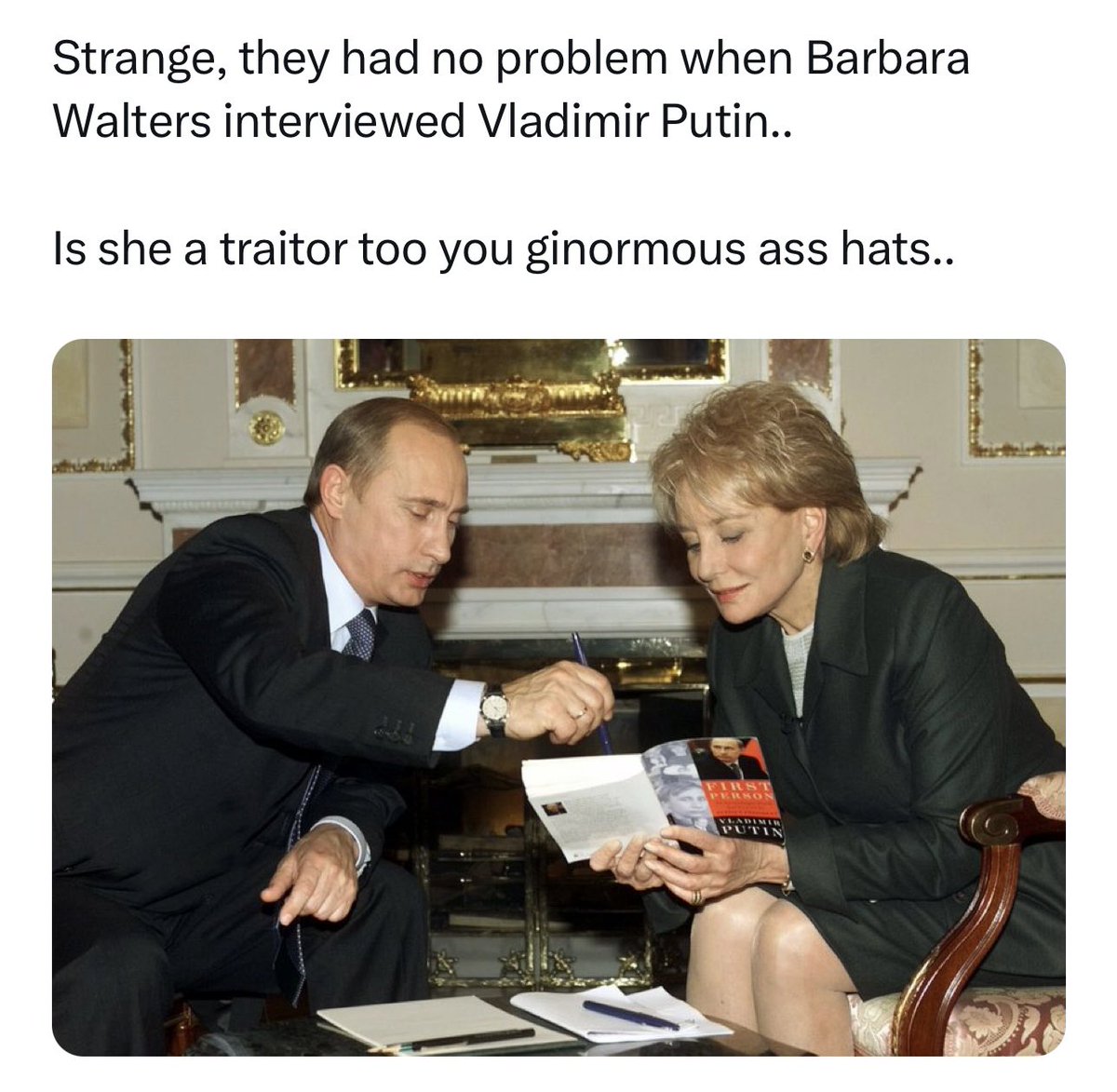 SusanFordfarmer's tweet photo. @RepMTG @TuckerCarlson Barbara Walters interviewing Putin. Got this photo from another X post. https://t.co/wnk3ICA6UF