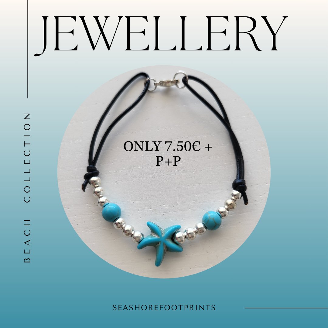 Handmade & unique Starfish bracelet on soft leather cord.  

Silver plated beads enhance this pretty adjustable bracelet.

#mhhsbd #chicjewellery #starfishbracelet #beachfashion