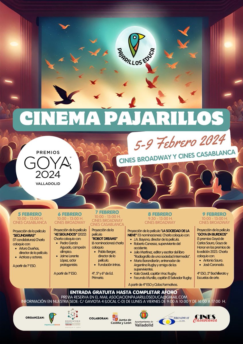 El lunes 5 de febrero arranca Cinema Pajarillos en los <a href="/cinesbroadway/">Cines Broadway</a> y <a href="/Cine_Casablanca/">Cines Casablanca</a> 

Una semana de cine y educación organizada por Pajarillos Educa, con la colaboración del @ayuntamientovll a través de <a href="/valladolidfilm/">Valladolid Ciudad de Cine</a> en la que participarán más de 2.000 escolares.