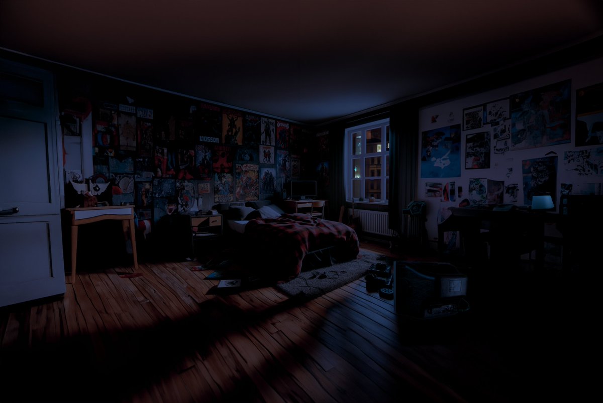 BungleItDown's tweet photo. The full version of the MC's room in our #YouTube #creepypasta "The Masquerade" https://t.co/l9lWRccnIV - #aiart I used Bing to create the center of the image, and photoshopped it into night and expanded the room. The hardest part was getting AI to get what I meant by CRT TV https://t.co/9gyAkN3u3z