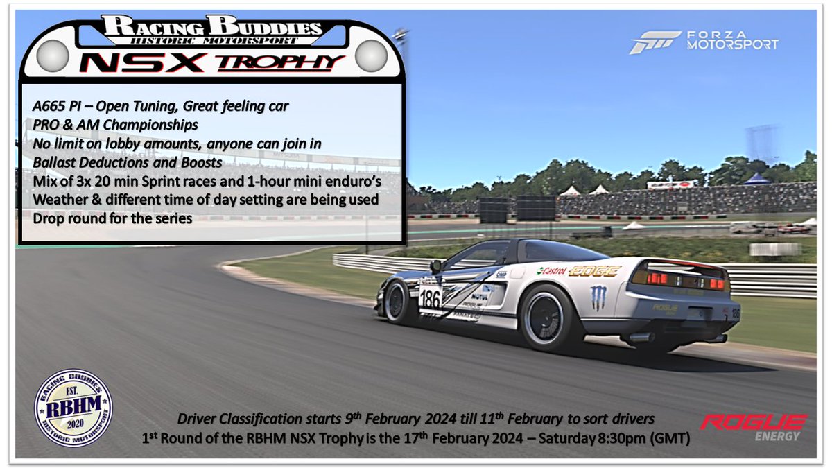 RBHM NSX Trophy sign ups are open

RBHM Permanent Discord Invite: discord.gg/bHUVjpyftV

<a href="/ForzaMotorsport/">Forza Motorsport</a> 
<a href="/LMPeSports/">LMP eSports</a> 
<a href="/LMP_Dragon/">LMP Dragon</a> 
<a href="/ETR__eSports/">Elite Tier Racing</a> 
@uk_pitstop 
<a href="/TheReal_TORA/">TORA</a> 
<a href="/RacingHaven/">Racing Haven</a> 
<a href="/ESV_Motorsport/">Elusive Motorsport</a> 
<a href="/HondaRacingGLB/">Honda Racing Global</a> 
<a href="/fanatec/">FANATEC</a>
