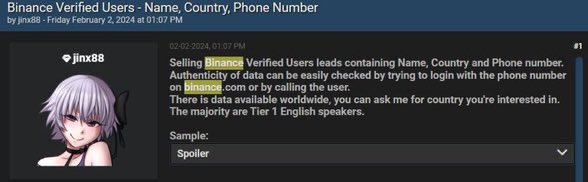 🚨 Binance ferait face à un hack : De nombreuses données KYC sont en vente sur le Dark Web.
