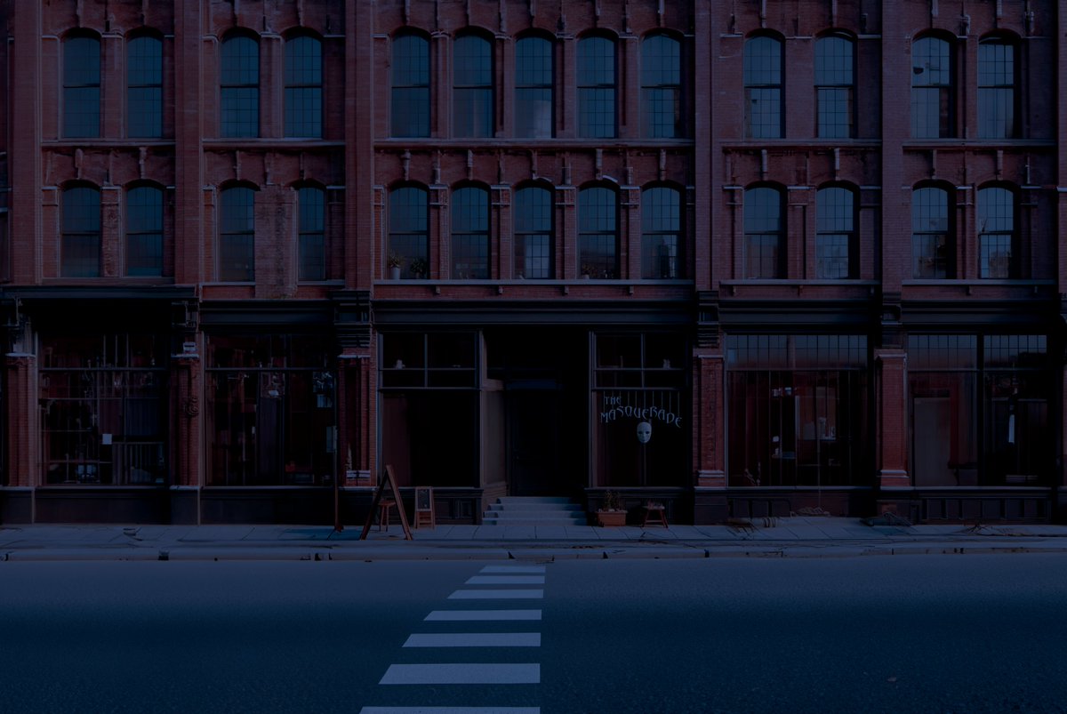 BungleItDown's tweet photo. The full versions of the shop across the street in our #YouTube #creepypasta "The Masquerade" https://t.co/l9lWRccnIV - #aiart I used Bing to create the center of the image and used Photoshop to blacken the windows and expand the building. https://t.co/Obc8IBDuRi