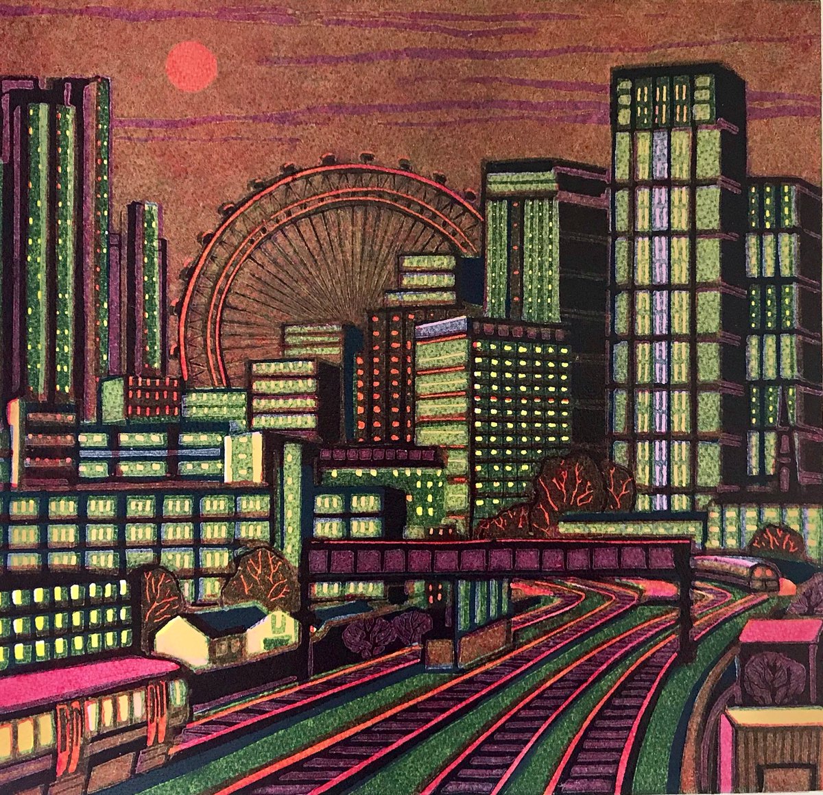 womensart1's tweet photo. 'Waterloo Sunset' by contemporary UK artist and printmaker Gail Brodholt #WomensArt https://t.co/bgTdt0ehHC