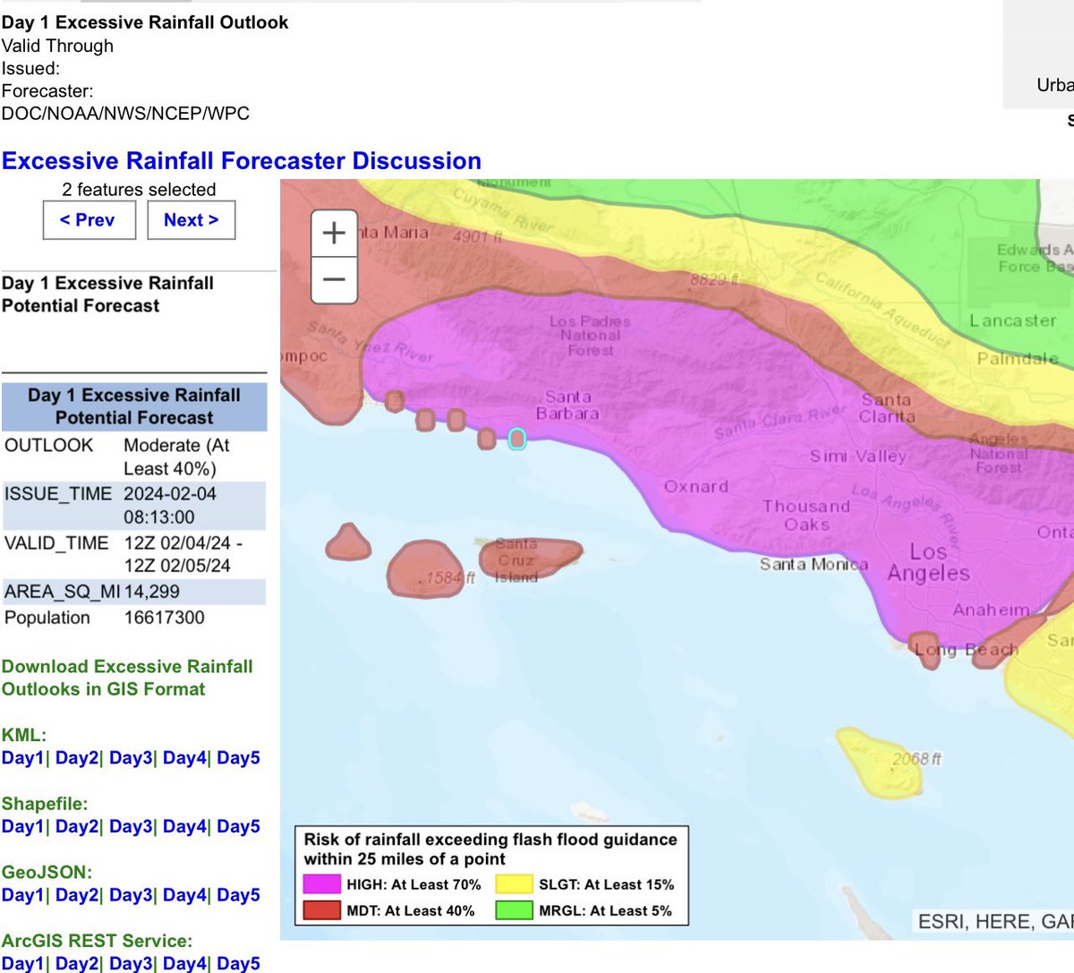 Sunday, February 4, 2024, 9:39 AM PST: Just in Santa Barbara, Ventura and LA counties are in the highest category for a flood. The purple code means it’s a severe flood of high confidence that’s going to unfold in the next 12 to 36-hour period. #FloodWarning #ElNino