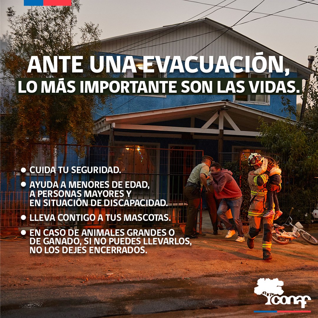 conaf_minagri's tweet photo. #IMPORTANTE 

⭕️ Ante una emergencia por incendio, lo mas importante es el resguardo de las vidas. 

Si recibes una alerta por evacuación, ¡hazlo! Esta acción puede salvar tu vida y la de todos tus seres queridos.

Para evacuar sigue los siguientes consejos ⬇️ https://t.co/m2mPEYhNUG