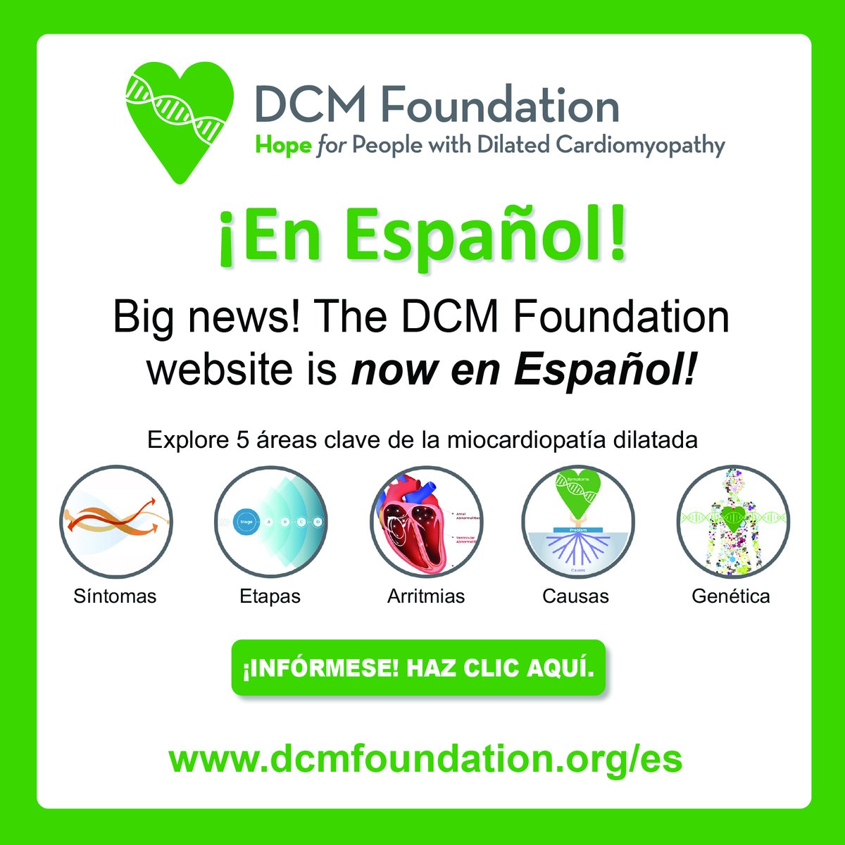 DCM Support Now in Español! The DCM Foundation website is expanding to reach more hearts. DCM patients and families can now access information and resources in their preferred language. ¡Bienvenidos! Entre ya a dcmfoundation.org/es