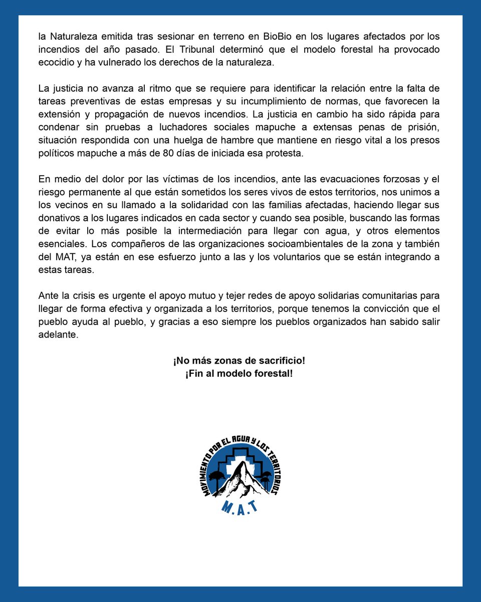 AguaEnMarcha's tweet photo. Compartiendo el dolor de las/os habitantes de la R. de Valparaíso. Como MAT instamos a la solidaridad y hacemos un llamado a orgas socioambientales a unirse y resistir contra el extractivismo y las causas estructurales de este desastre. #Valpo #JardinBotanico #FinAlModeloForestal https://t.co/YYTGQ9YAJm
