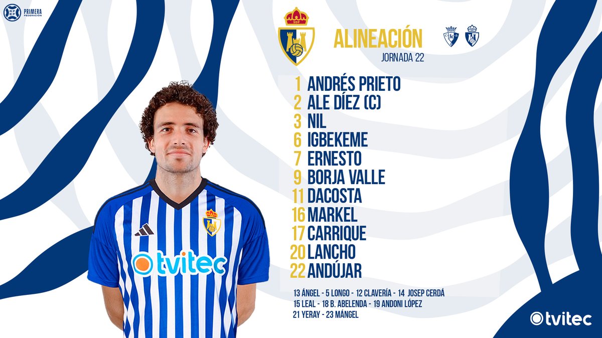 SDP_1922's tweet photo. ¡La alineación de la Deportiva para hoy!
⚪️🔵⚔️🔥
#PromesasPonferradina
#SomosDeportiva
#WeAreDeportiva https://t.co/avFiyTCS7q