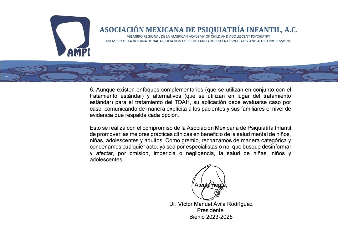 ElPaido's tweet image. Comunicado de la @AMPI_AC en respuesta a la promoción de un "tratamiento" para el #TDAH carente de respaldo científico en el programa de @qtf. 
#SaludMental
#neurodesarrollo