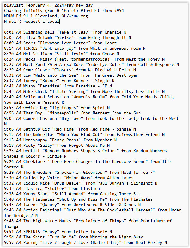 my @WRUW playlist this am ft: @swimming_bell @elizamclamb @torreslovesyou @mattpondpamusic @torreyband @wishy_music_777 @Camera_Obscura_ @theumbrellassf @pouty__official @DentistBand @cheekfaceREAL @liquidmikeband @tweensband @SkepWax @TheHWMs @pacingmusic @SPRINTSmusic +more⬇️