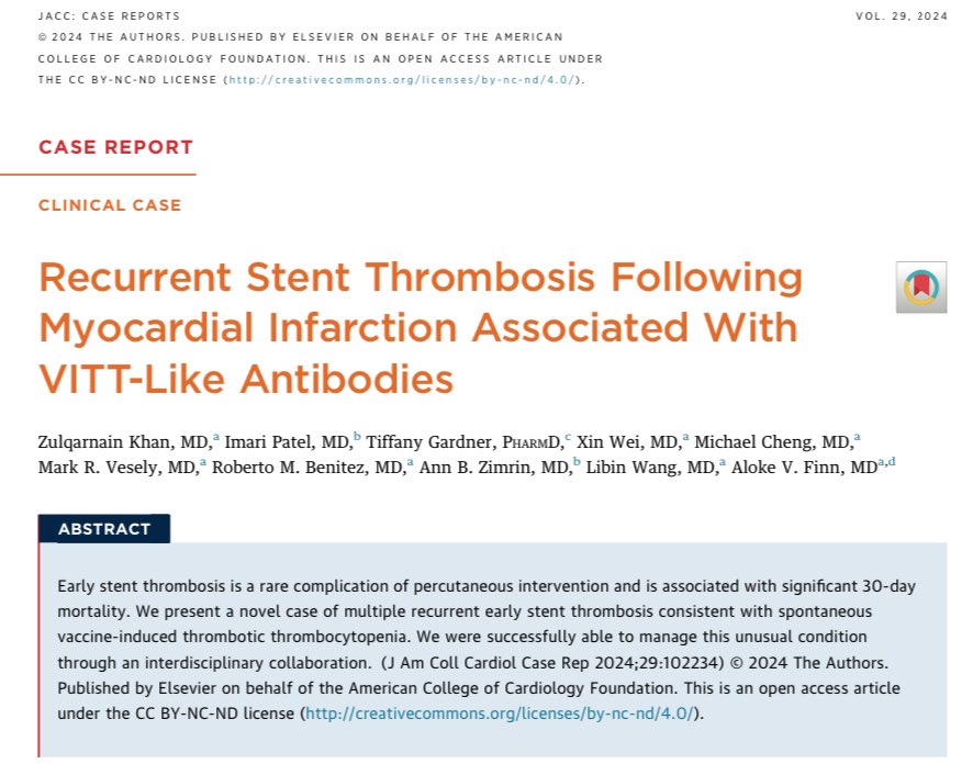 Excited to share our case report describing a novel cause of recurrent early stent thrombosis, known as spontaneous vaccine-induced thrombotic thrombocytopenia (SpVITT). 🫀🩸<a href="/JACCJournals/">JACC Journals</a> <a href="/AlokeFinn/">Aloke Finn</a> <a href="/smuktas/">Mukta Srivastava</a>