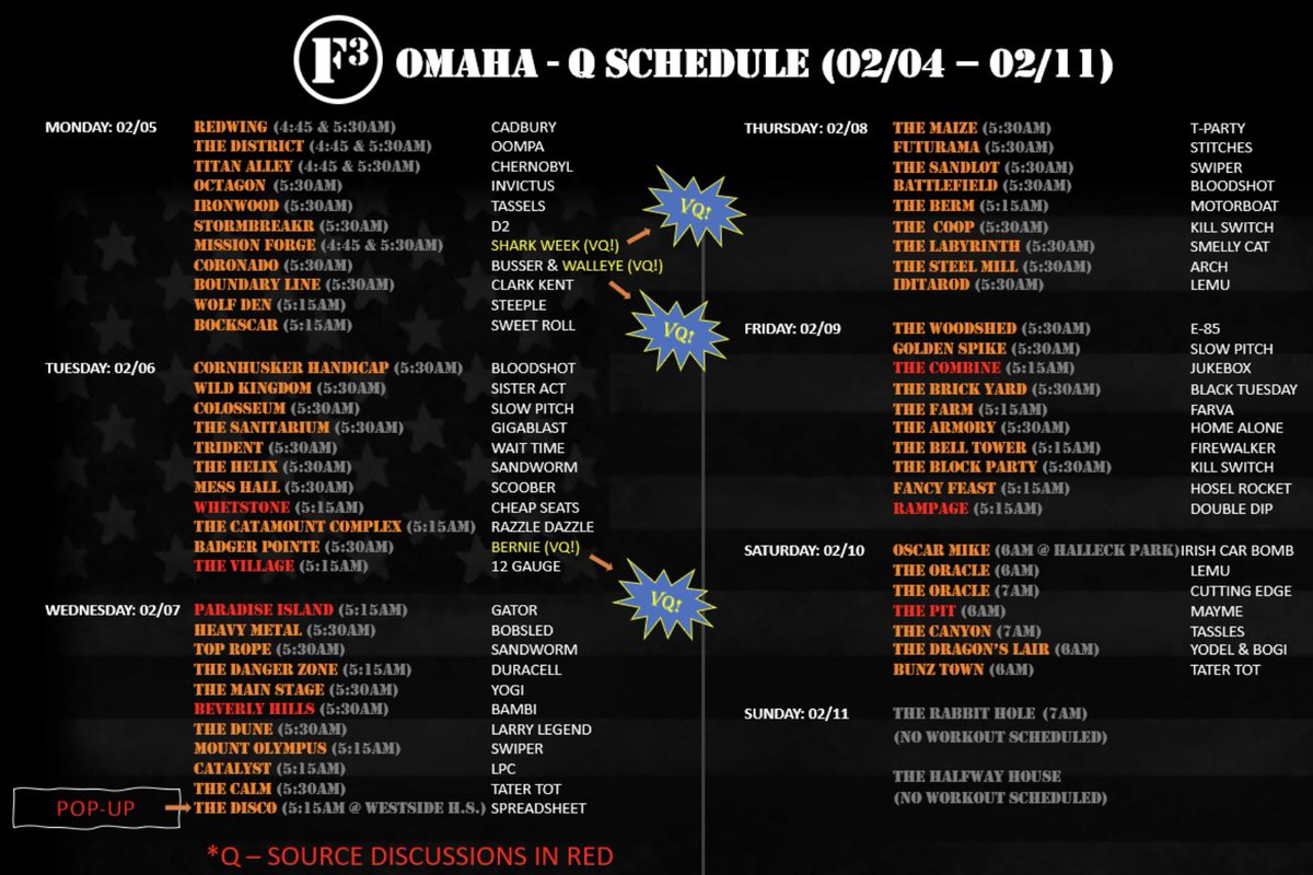 F3Omaha's tweet photo. 🚨 WEEK OF 02/04 Q SCHEDULE!

VQ's: Shark Week @F3MissionForge, Walleye @F3CoronadoOMA &amp; Bernie @F3BadgerPointe. 

Pop-Up: @f3thedisco (5:15am @ Westside H.S.)

02/15 Gradoville Scholarship Event: https://t.co/jYWjYN0DOF

#FreedToLead https://t.co/GlK8E4FNov