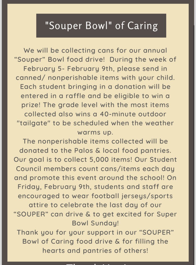 Just a reminder that Palos West’s “Souper Bowl of Caring” food collection starts tomorrow! 🥣 ❤️