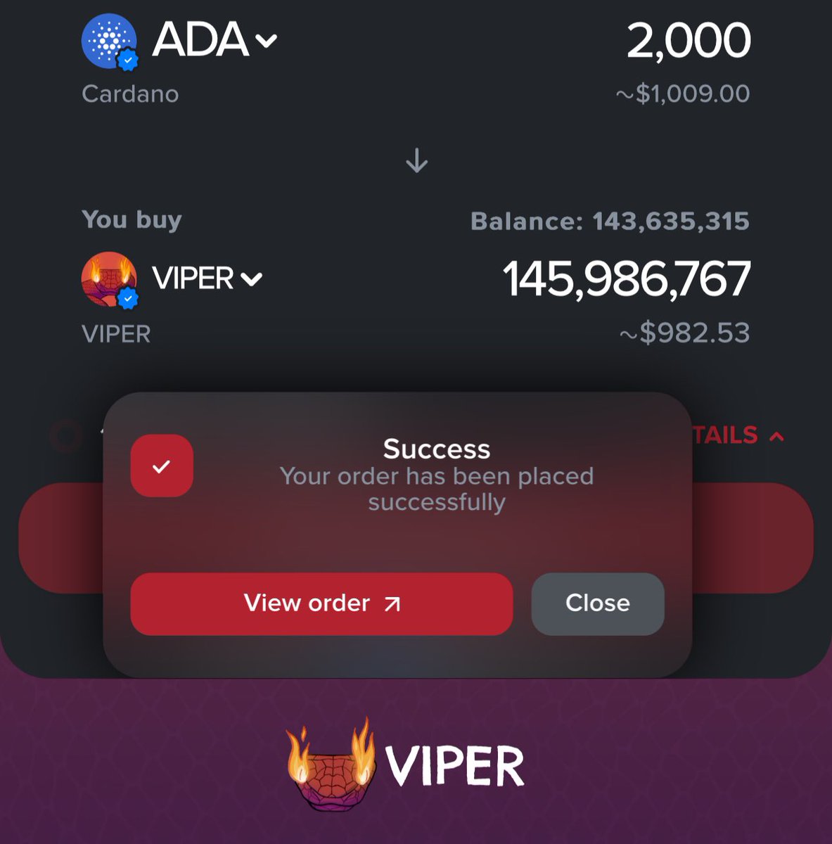 TheMachtigen's tweet photo. Buy $VIPER using:
https://t.co/zGzXbJvXrc
@vipercoinada 🚀
You can swap $ADA - $ETH
$BTC - $ADA 🥵📈
Crosschain Swaps! 👀
#ViperSwap #Cardano #Ethereum #BTC #Crosschain https://t.co/6opYtl4FLs