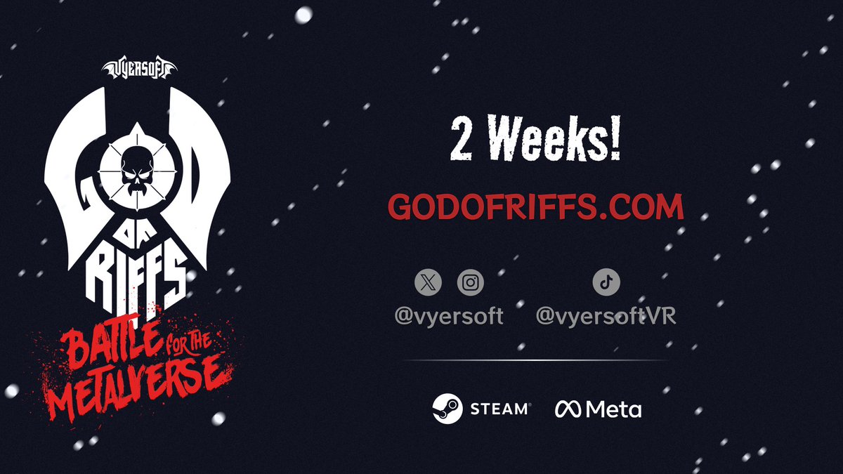 We're back! God of Riffs is coming at you with the new 'Battle for the Metalverse!' free update on February 14th! This update adds new stages, new songs, new weapons, and a new story mode narrated by THE Adam Harrington! ocul.us/43f2Wxs bit.ly/GodOfRiffs #indie #vr