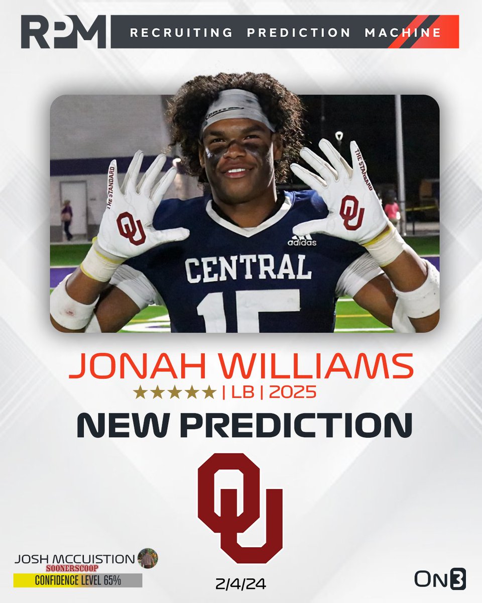 Rivals's tweet image. Oklahoma recruiting insider @Josh_Scoop has logged an expert prediction for the Sooners to land 5-star LB Jonah Williams‼️

Intel: on3.com/teams/oklahoma…