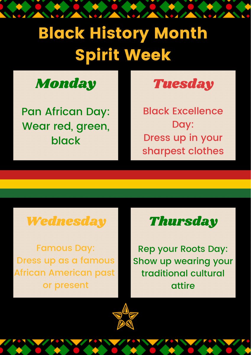 To jump start Black History Month we are celebrating with Spirit Week! Let’s see who shows up and shows out!!