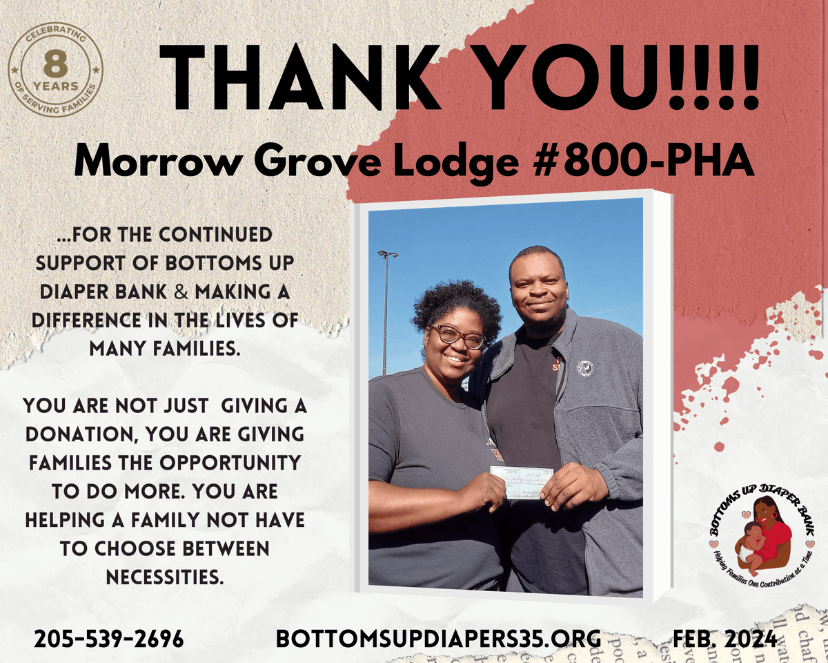 BottomsUp35's tweet photo. Thank you to the men of Morrow Grove Lodge #800 - PHA for their recent donation to Bottoms Up. We are thankful for their continued support of Bottoms Up and the things we are doing in West Alabama.

#MorrowGroveLodge800 #WestAlabama #DiaperBank #BottomsUpDiaperBank  #womantowoman https://t.co/cGX8gD1NL2