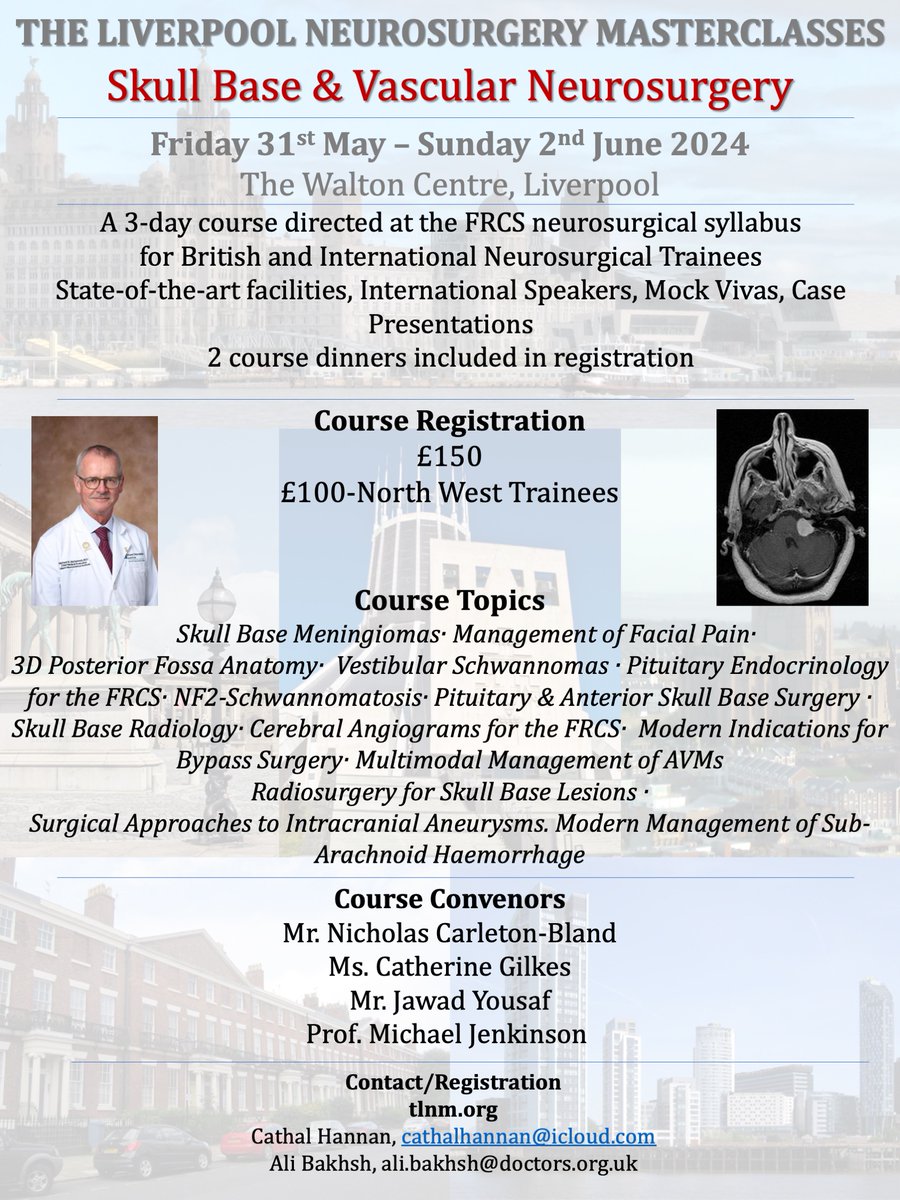 The next Liverpool Neurosurgery Masterclass, focusing on Skull Base & Vascular, will take place 31st May-2nd June 2024. Skull base expert Prof. Michael McDermott attending in person. High yield FRCS vivas and lectures throughout.