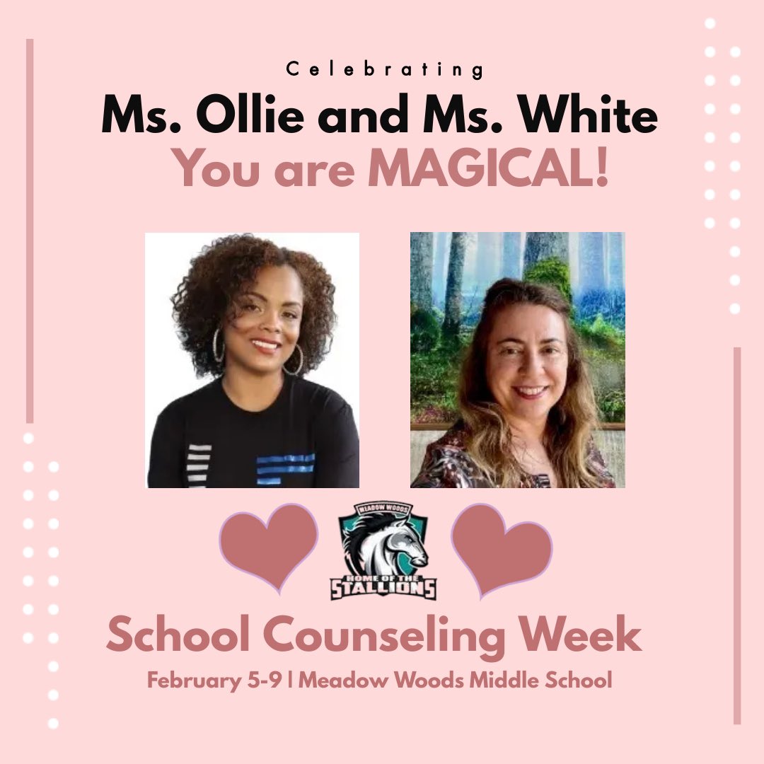 We celebrate our MAGICal School Counselors, Ms. Ollie and Ms. White for the positive impact they have made in supporting our Stallions as they reach their academic goals, balance school and social challenges, and plan for their future. 🌟 <a href="/OCPScounselors/">OCPS Counselors</a> <a href="/MWMS_OCPS/">MeadowWoodsMS</a>
