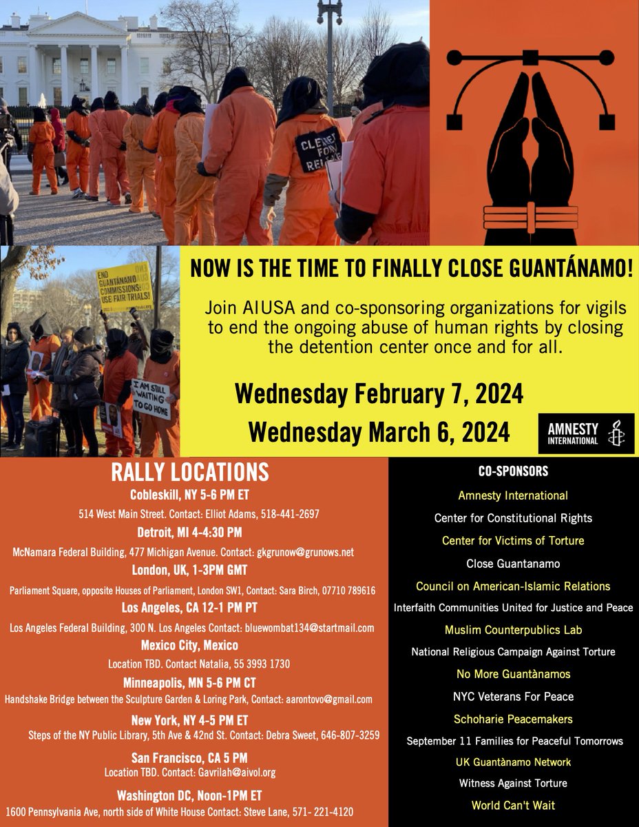 GuantanamoAndy's tweet image. Posters for the monthly coordinated global vigils for the closure of #Guantanamo, at locations across the US &amp;amp; in London &amp;amp; Mexico City, this Weds, Feb 7. Please check out the poster showing HOW LONG the 16 men approved for release have been held since those decisions were taken.