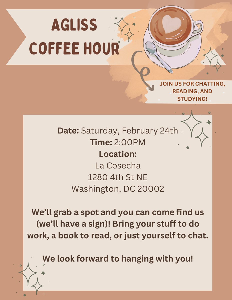 Is anyone still on twitter? ...
If so, come to the AGLISS student coffee hour on Sat Feb 24th @ 2pm at La Cosecha to hang out with your peers, read, and study! See you there ☮️