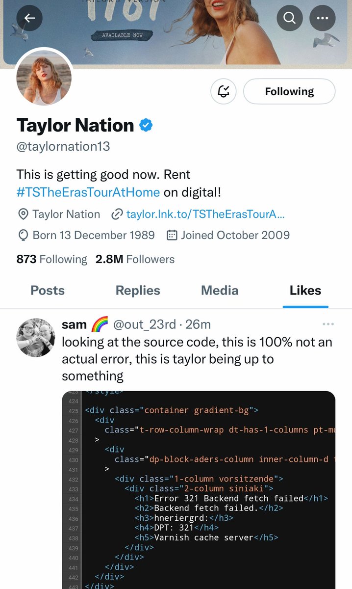 🚨| Taylor Nation liked a tweet confirming that Taylor Swift's website being down is 100% intentional 🐍