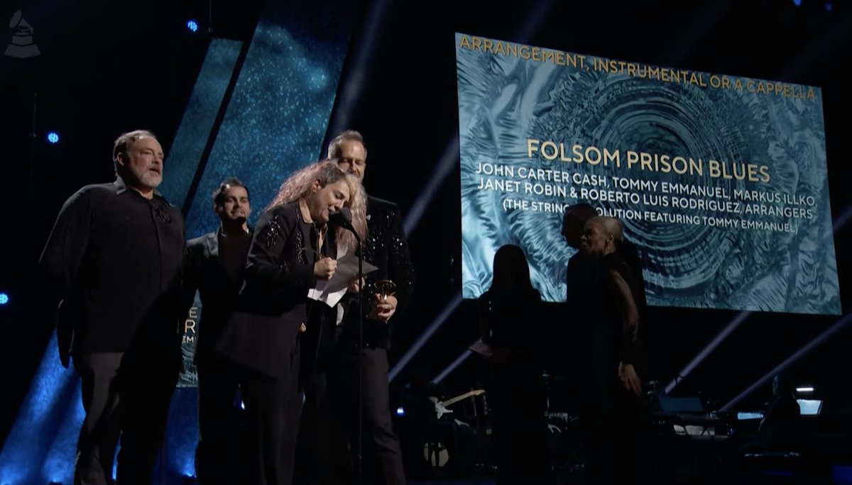 Congrats Best Arrangement, Instrumental Or A Cappella winners - "Folsom Prison Blues" John Carter Cash, <a href="/tommyemmanuel/">Tommy Emmanuel cgp</a>, <a href="/illko_markus/">Markus Illko</a>, <a href="/janetrobin/">Janet Robin</a> &amp; Roberto Luis Rodriguez, arrangers (The String Revolution Featuring Tommy Emmanuel). #GRAMMYs 🎶 

WATCH NOW grm.my/3RqthTR