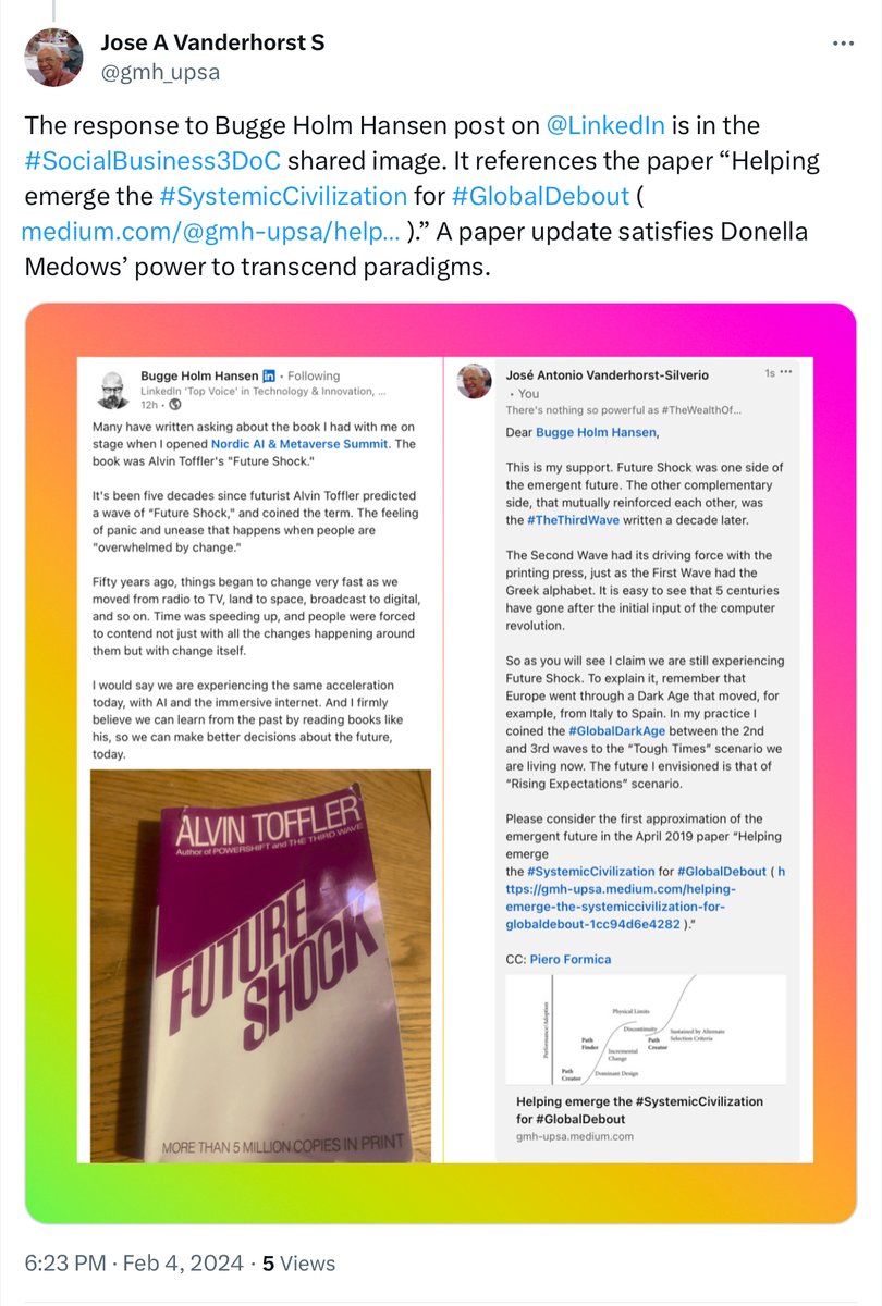 gmh_upsa's tweet photo. @yanisvaroufakis The response to Bugge Holm Hansen post on @LinkedIn is in the #SocialBusiness3DoC shared image. It references the paper “Helping emerge the #SystemicCivilization for #GlobalDebout ( https://t.co/Rb2wGoYTg8 ).” A paper update satisfies Donella Medows’ power to transcend paradigms. https://t.co/ivGivDdvso