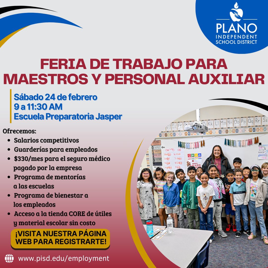 Your dream job is only weeks away! Come see us at the Plano ISD Job Fair on February 24th! #YourFutureStartsNow @_PrincipalJones @JeffBanner @JanisWilliams13 @BillieJeanLee1 @Carp_Principal @PamClar84506146 @KL_Robertson @EngelkingJill @tnolanwilliams @KristinHebert10 @LariLiner