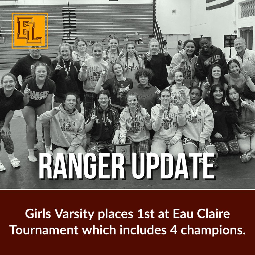 Rangerwrestle1's tweet photo. The girls varsity squad traveled to Eau Claire this weekend and took home the championship which included 4 champions. This is a big deal for our girls program. Keep up the hard work ladies!
#ForestLakeMN #forestlakewrestling #minnesotawrestling #usawrestling #girlswrestling https://t.co/sGWgJeWQXC