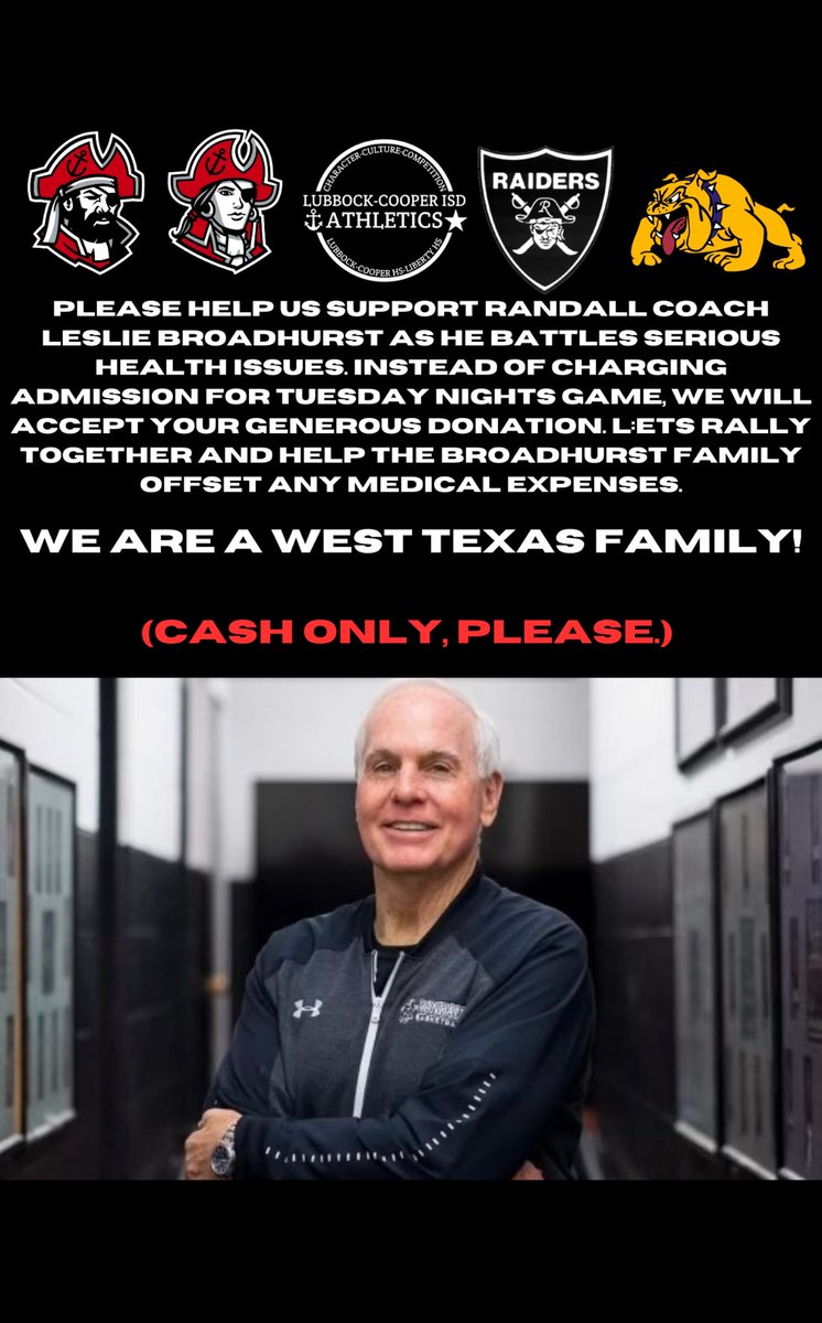 JadenIsler's tweet photo. Lubbock-cooper nation we need you! Coach Broadhurst is a personal friend and mentor to so many athletes and students he would never ask but we are going to help any way can, let’s pack the gym and help this family!@RandallBoysBB https://t.co/qgAcCbOziI