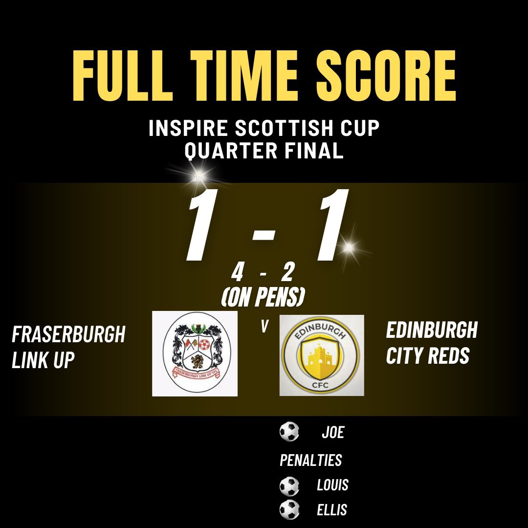 Our Scottish Cup journey ended in the cruellest way today. The teams could not be separated and Fraserburgh Link Up won on penalties.

A tough one, but the squad can be proud to get so far. Best Wishes to Fraserburgh in the next round and we thank them for their hospitality.